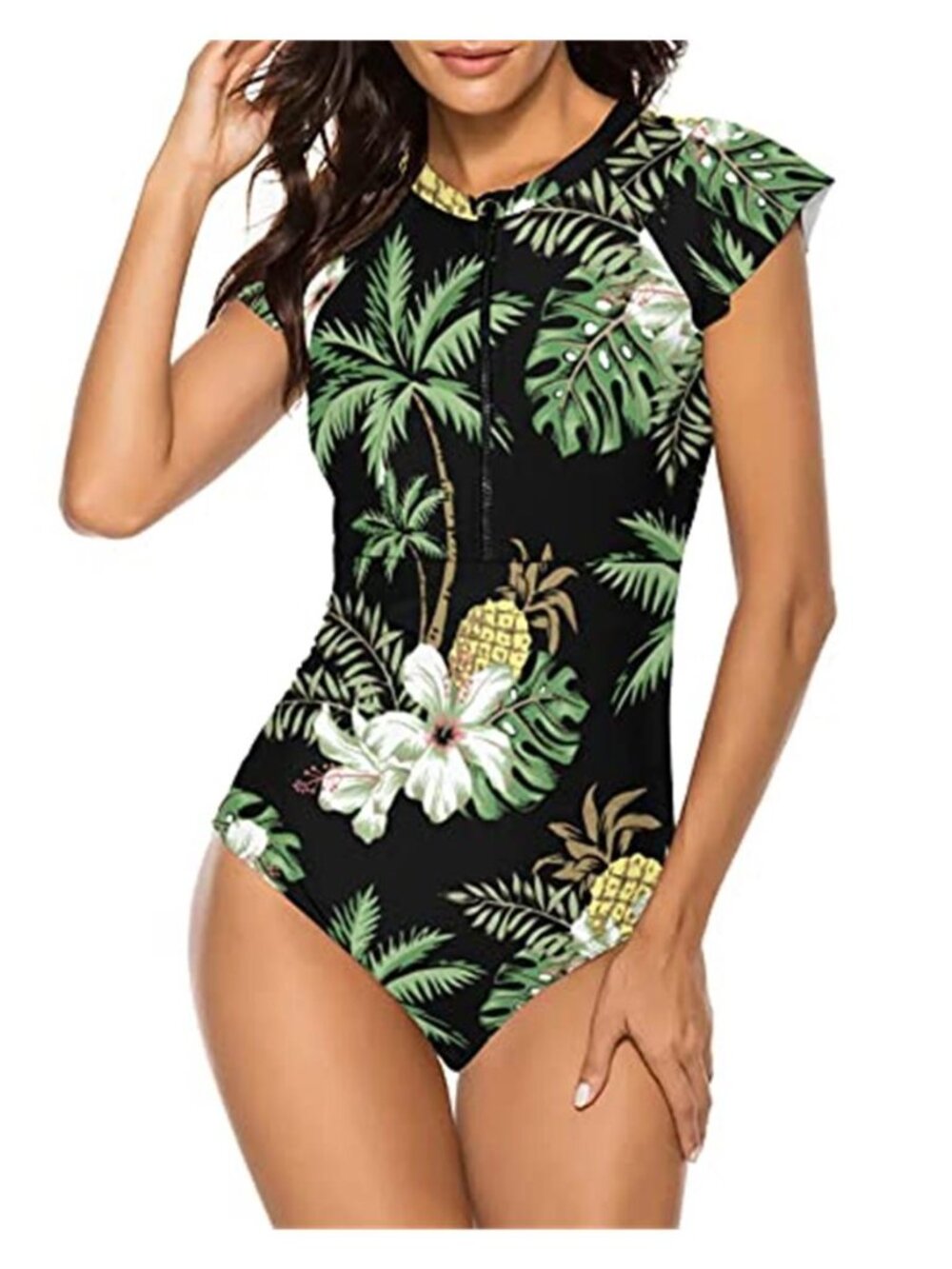 Tropical Floral One Piece Swimsuit Ruffle Sleeve Zip Front Swimwear